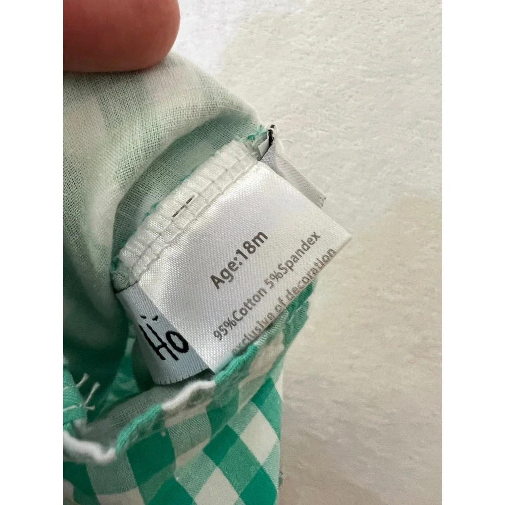 Honey Bean Shortall Green Gingham Watermelon Applique Romper 18M